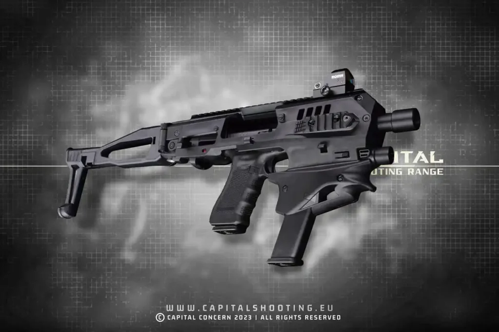 Glock 17 mit CAA MCK Conversion Kit Budapest Shooting Maschinenpistole